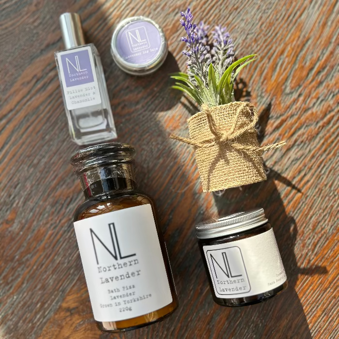 Strickland and Holt Relaxing hamper with Northern Lavender products unwrapped Strickland and Holt Relaxing hamper with Northern Lavender products unwrapped