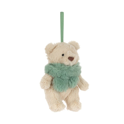 A plush teddy bear ornament in cream-colored fur, wearing a fuzzy mint green scarf and hanging from a matching green ribbon loop, set against a plain white background.