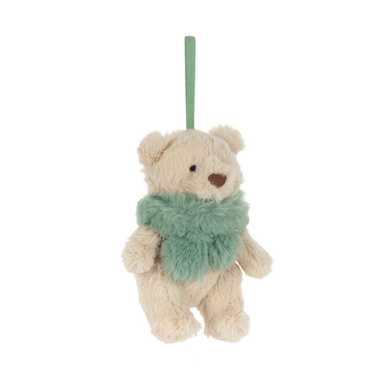 A plush teddy bear ornament in cream-colored fur, wearing a fuzzy mint green scarf and hanging from a matching green ribbon loop, set against a plain white background.