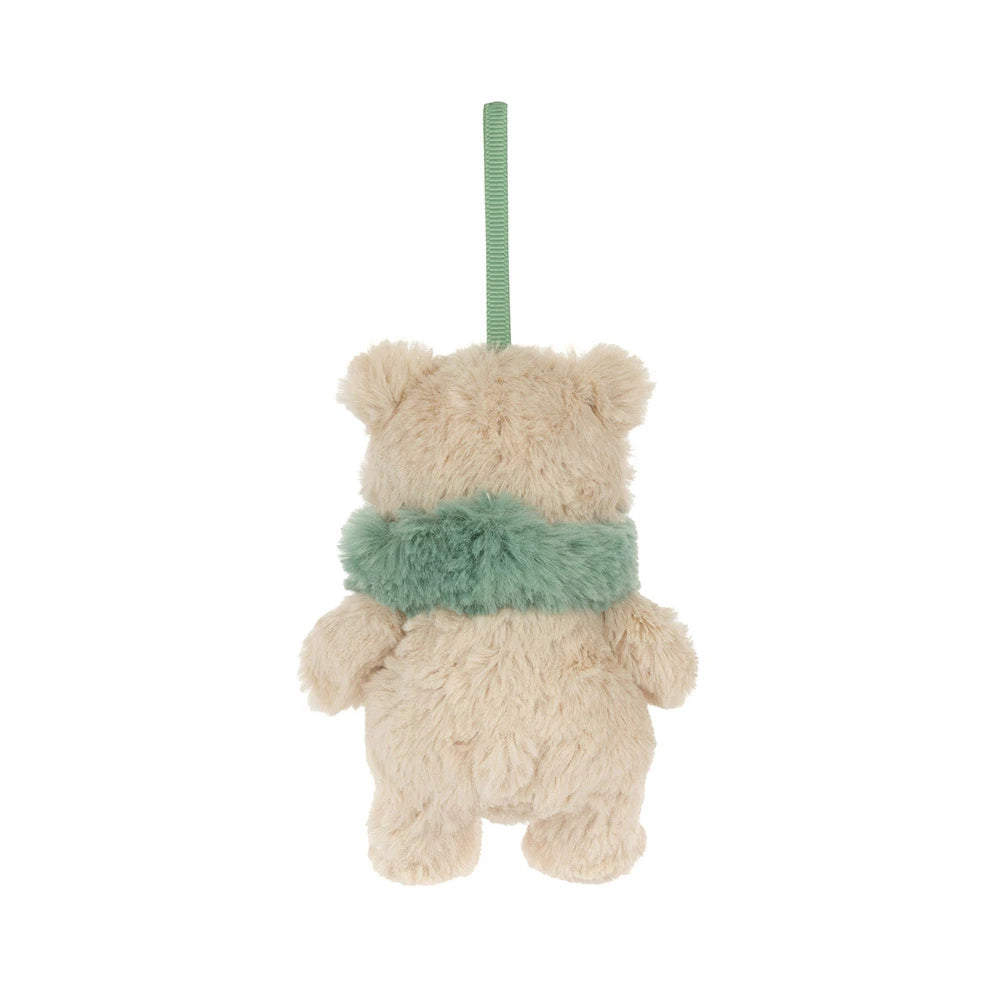 A cream-colored plush teddy bear ornament with a fuzzy mint green scarf and a matching mint green hanging ribbon, shown from the back against a solid white background.