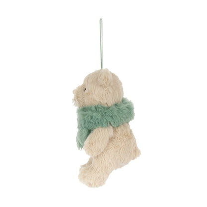 A plush teddy bear hanging ornament in cream-colored faux fur with a fuzzy mint green scarf, suspended by a thin green string against a plain white background.
