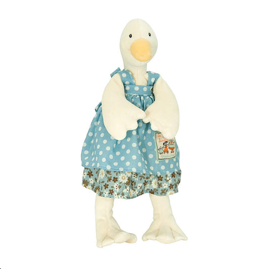A plush toy duck wearing a light blue polka-dot dress with a floral ruffle underskirt, photographed against a plain white background.