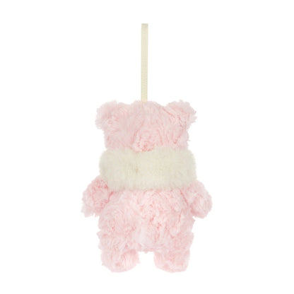 A pink fluffy teddy bear hanging ornament with a cream faux-fur chest detail and a cream hanging ribbon, shown against a plain white background.