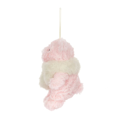 A fluffy pink plush bunny ornament with a cream faux-fur collar and a hanging loop, shown against a plain white background.